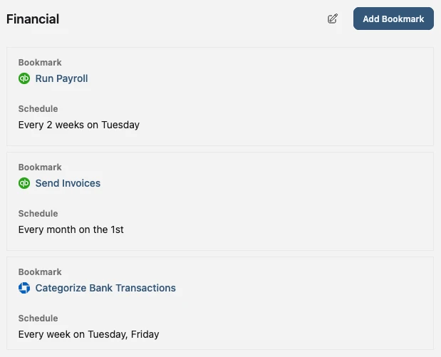 Financial screenshot showing scheduled bookmarks in action