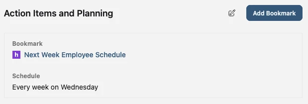 Action Items Planning screenshot showing scheduled bookmarks in action