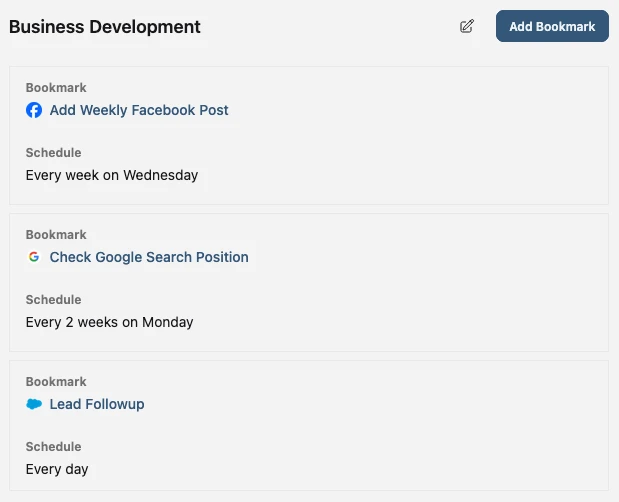 Business Development screenshot showing scheduled bookmarks in action